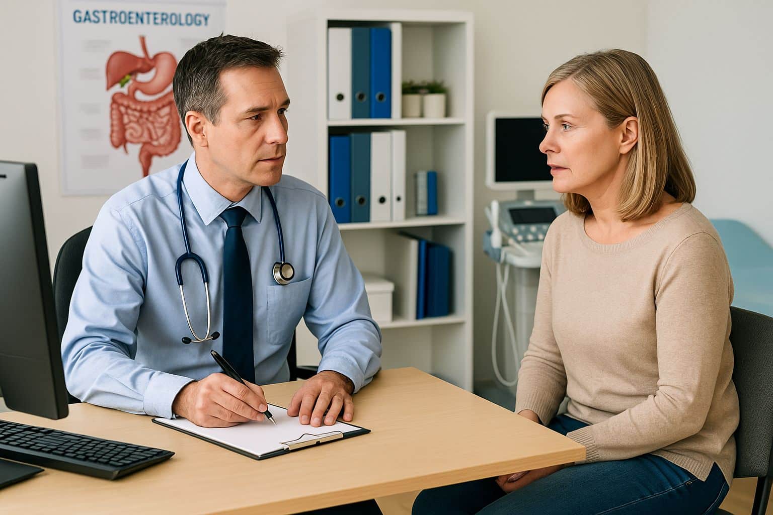 Consultation de gastroentérologie, médecin et patiente discutant d’un dépistage du cancer colorectal.