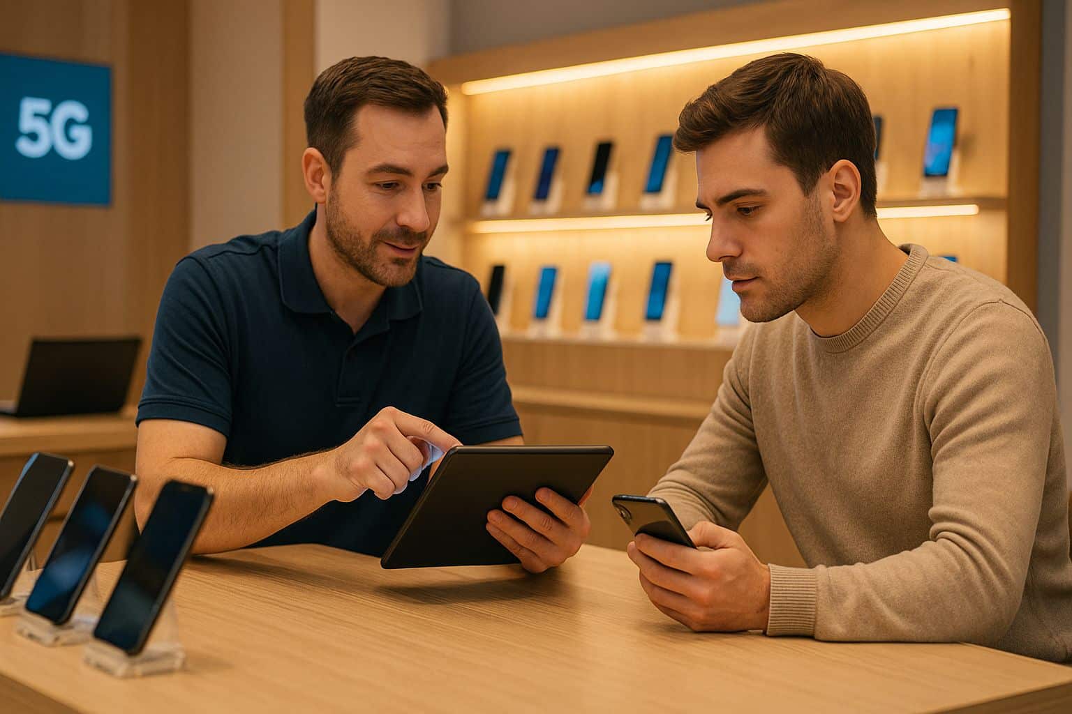 Client et conseiller comparent les options de forfait mobile sur une tablette dans une boutique moderne, rangées de smartphones en arrière-plan.