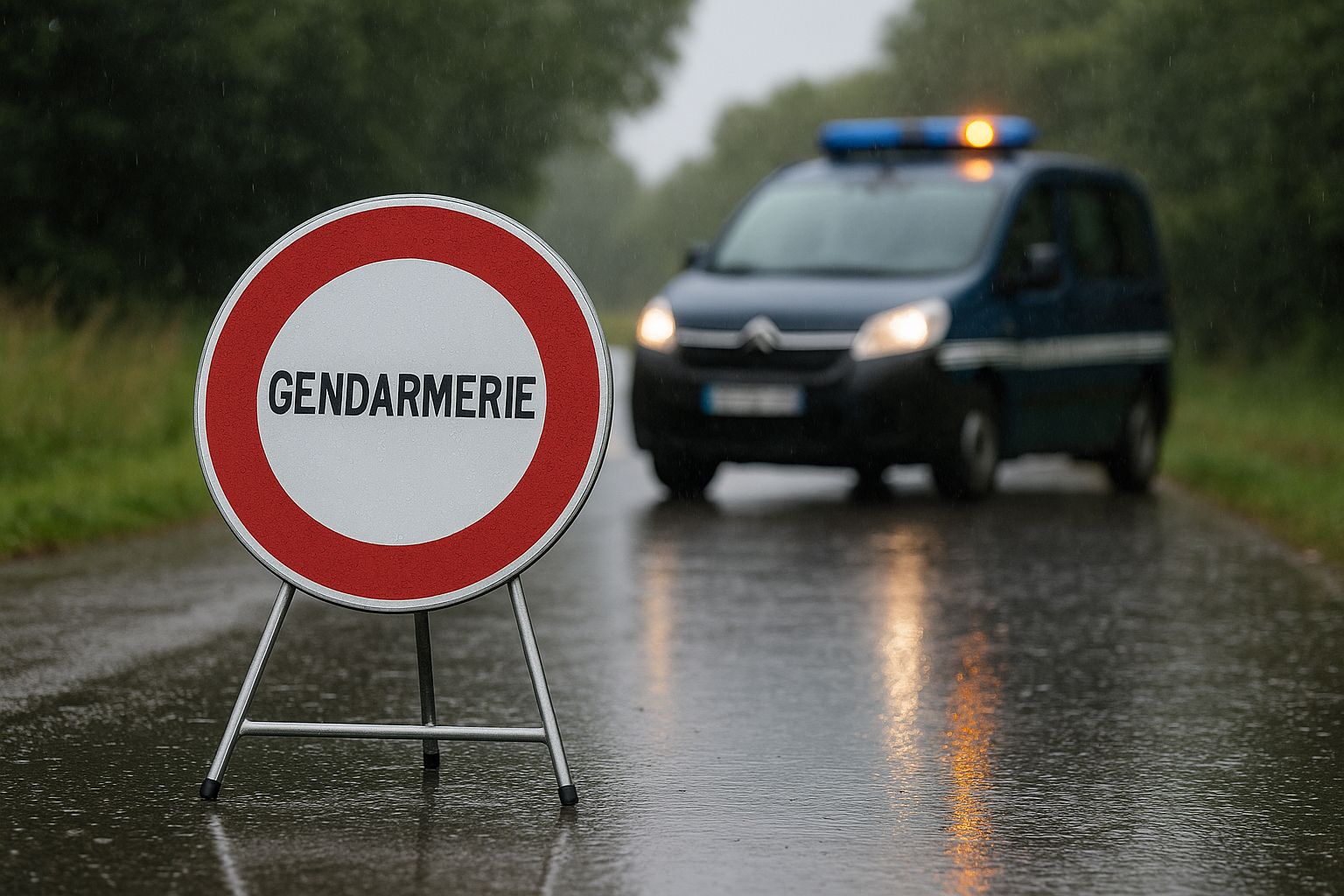 Panneau B5a de contrôle mobile « Gendarmerie » sous la pluie sur une route départementale