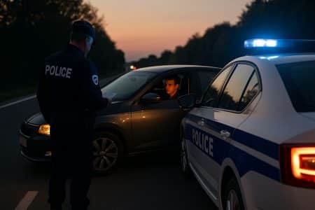 Contrôle routier au crépuscule : un jeune conducteur arrêté sur une route de campagne, un agent de police vérifie ses papiers à côté d’une berline, gyrophare allumé