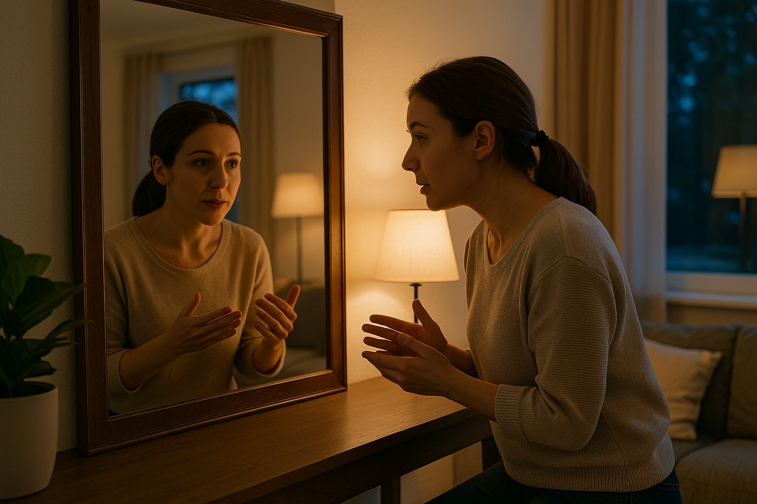 Femme parlant doucement à son reflet dans un grand miroir, dans un salon éclairé par une lampe de table au crépuscule.