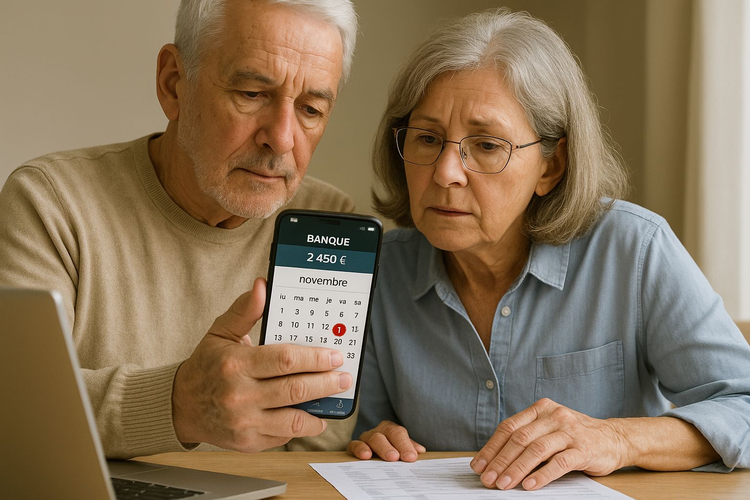 Couple de retraités consultant le calendrier de leur banque sur un smartphone, date entourée en novembre
