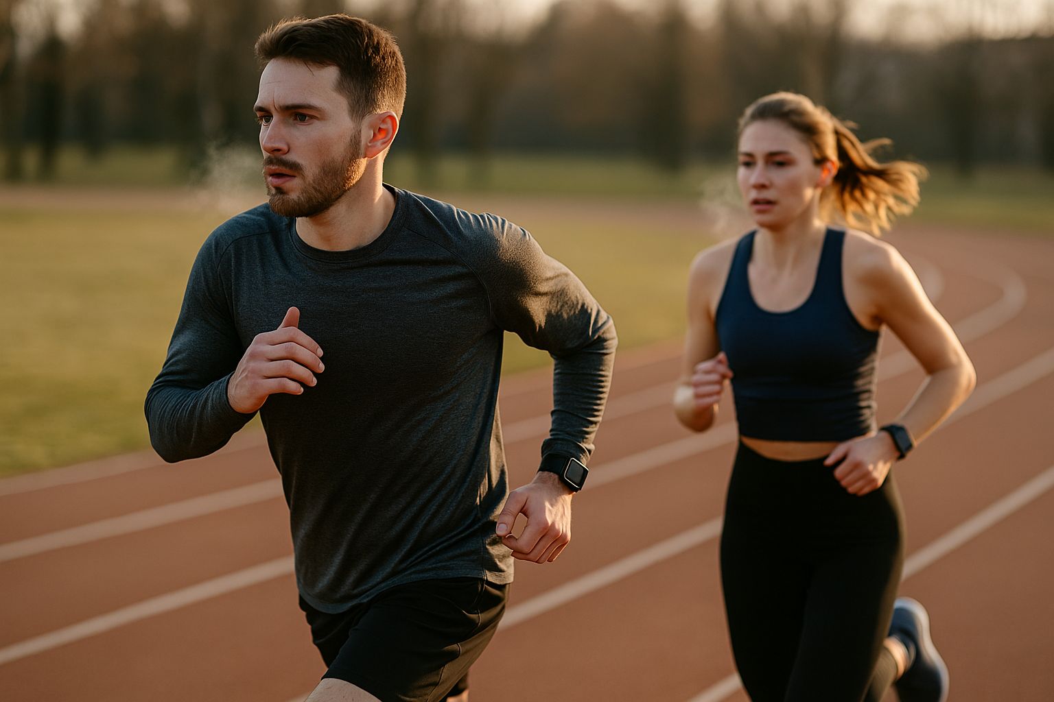 Deux coureurs en plein fractionné sur une piste, surveillant leur fréquence cardiaque avec une montre connectée, lumière dorée de fin de journée.