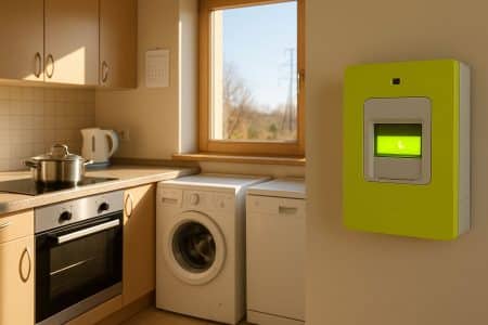 Cuisine ensoleillée avec compteur électrique vert affichant une icône de lune, à côté d’un lave-linge et d’un lave-vaisselle prêts à être programmés en heures creuses.