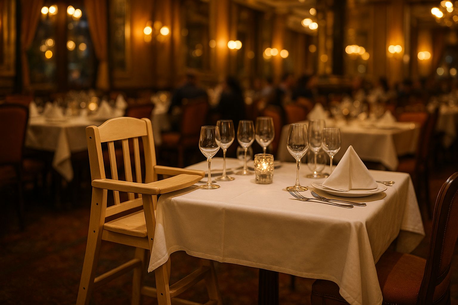 Table dressée façon Grands Buffets avec chaise haute accolée, ambiance dorée et nappes blanches, salle animée en arrière-plan.