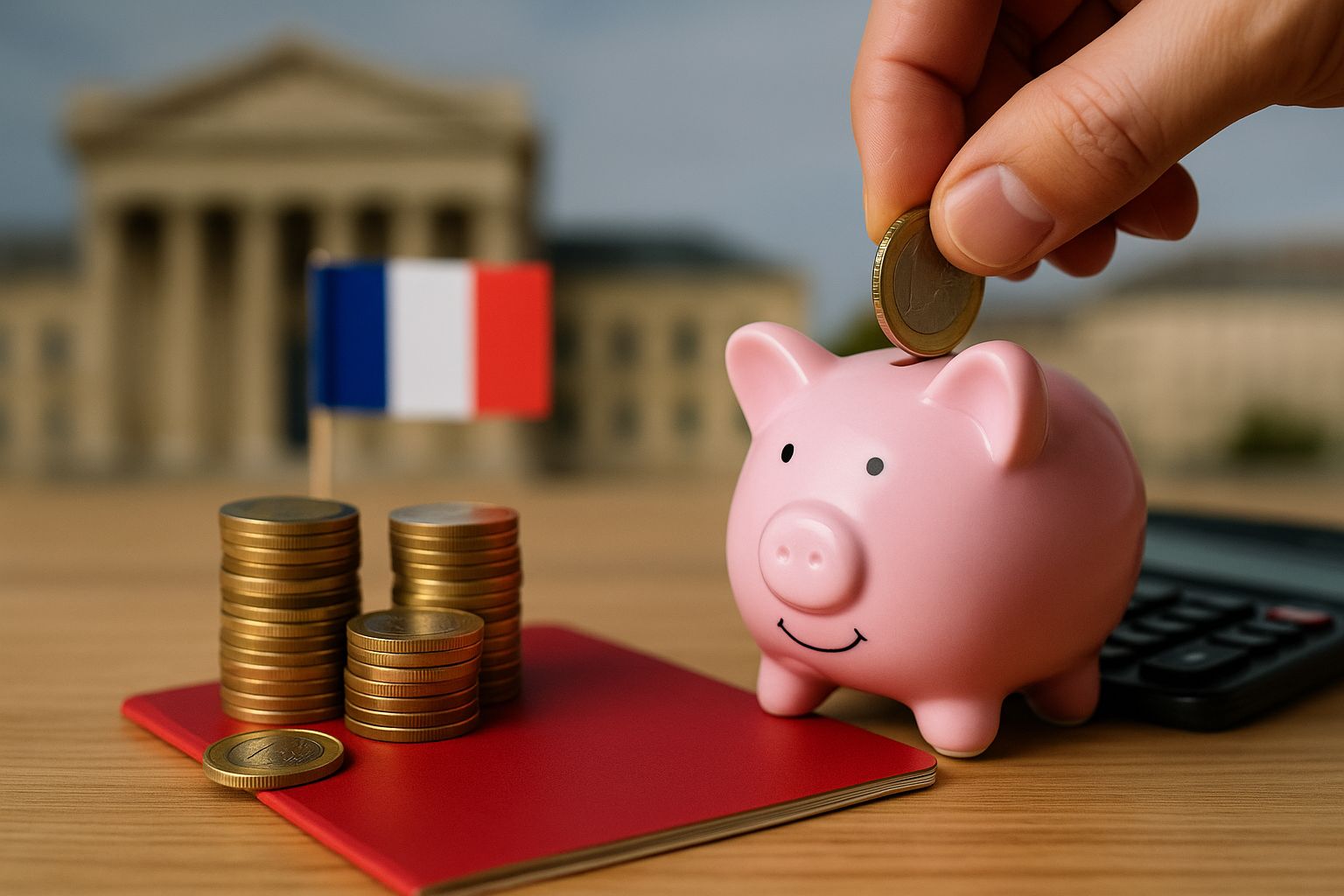 Une main dépose une pièce d’un euro dans une tirelire rose posée à côté de piles de pièces, d’un carnet rouge et d’une calculatrice, avec un petit drapeau français flou en arrière-plan