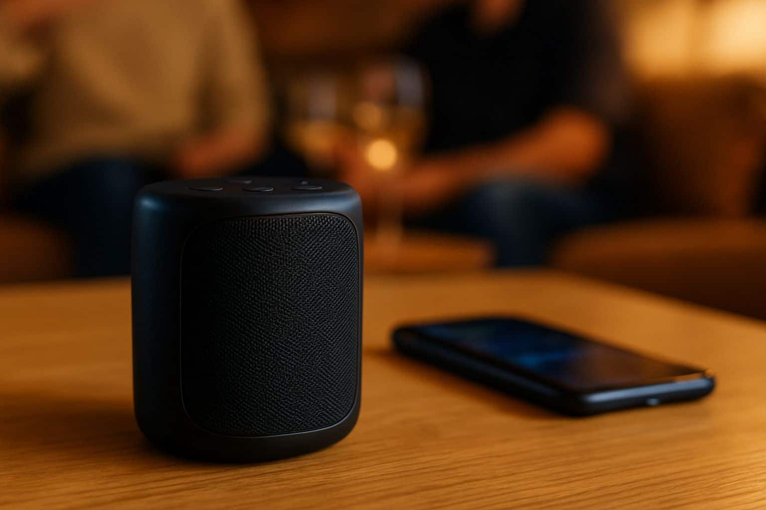Enceinte Bluetooth compacte posée sur une table basse, smartphone connecté flou en arrière-plan, lumière chaude.