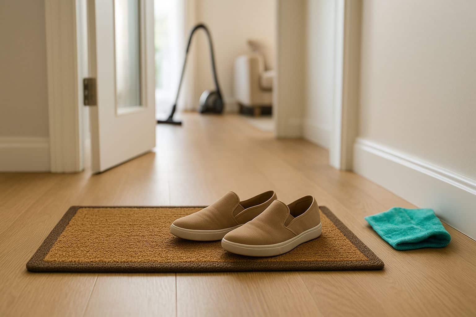 Entrée d’appartement lumineuse avec paillasson, chaussures retirées et microfibre posée au sol, symbole de la règle « pas de chaussures à l’intérieur » pour limiter la poussière.