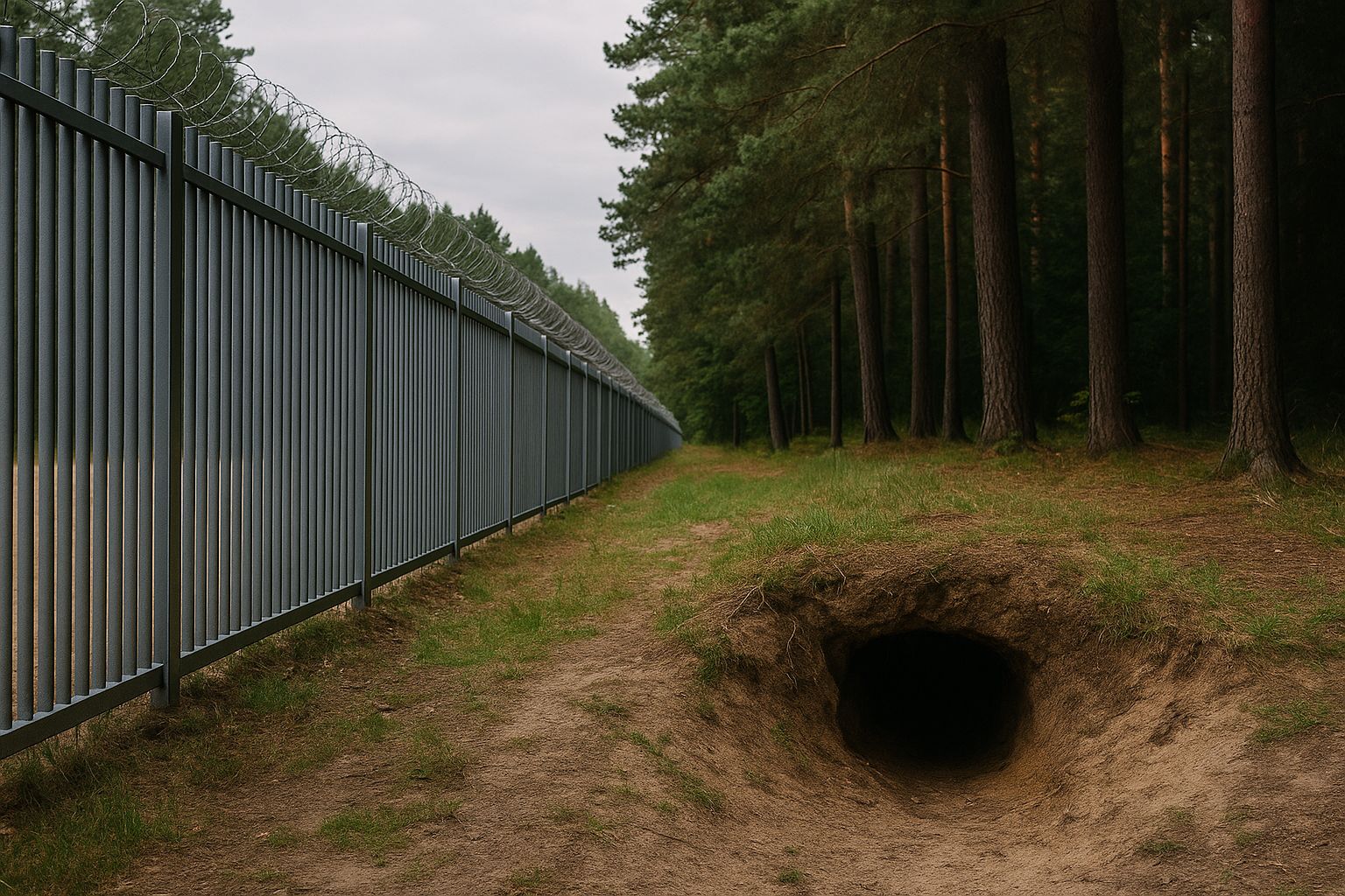 Barrière frontalière dans une forêt de conifères avec l’entrée d’un tunnel creusé dans la terre, à la frontière Pologne–Biélorussie