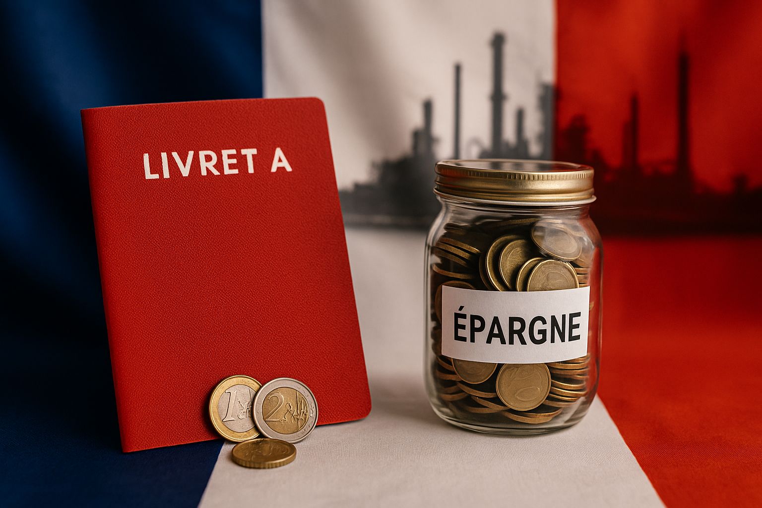 Livret A posé devant un drapeau français, un bocal “Épargne” rempli de pièces, avec en arrière-plan des silhouettes d’usines.