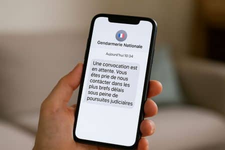 Smartphone affichant un faux SMS de la Gendarmerie nationale réclamant un contact urgent, tenu dans une main, intérieur flou en arrière-plan.