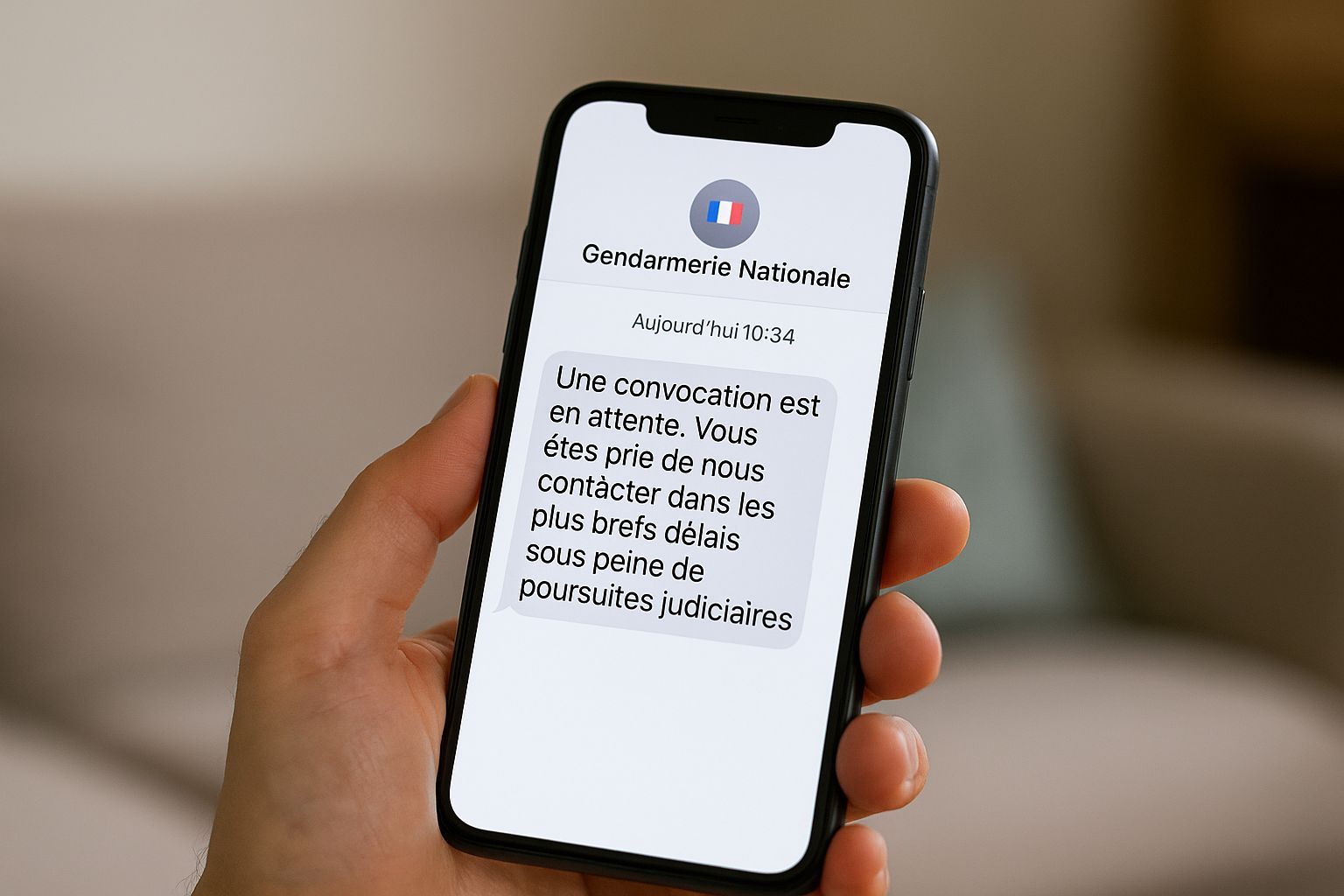 Smartphone affichant un faux SMS de la Gendarmerie nationale réclamant un contact urgent, tenu dans une main, intérieur flou en arrière-plan.