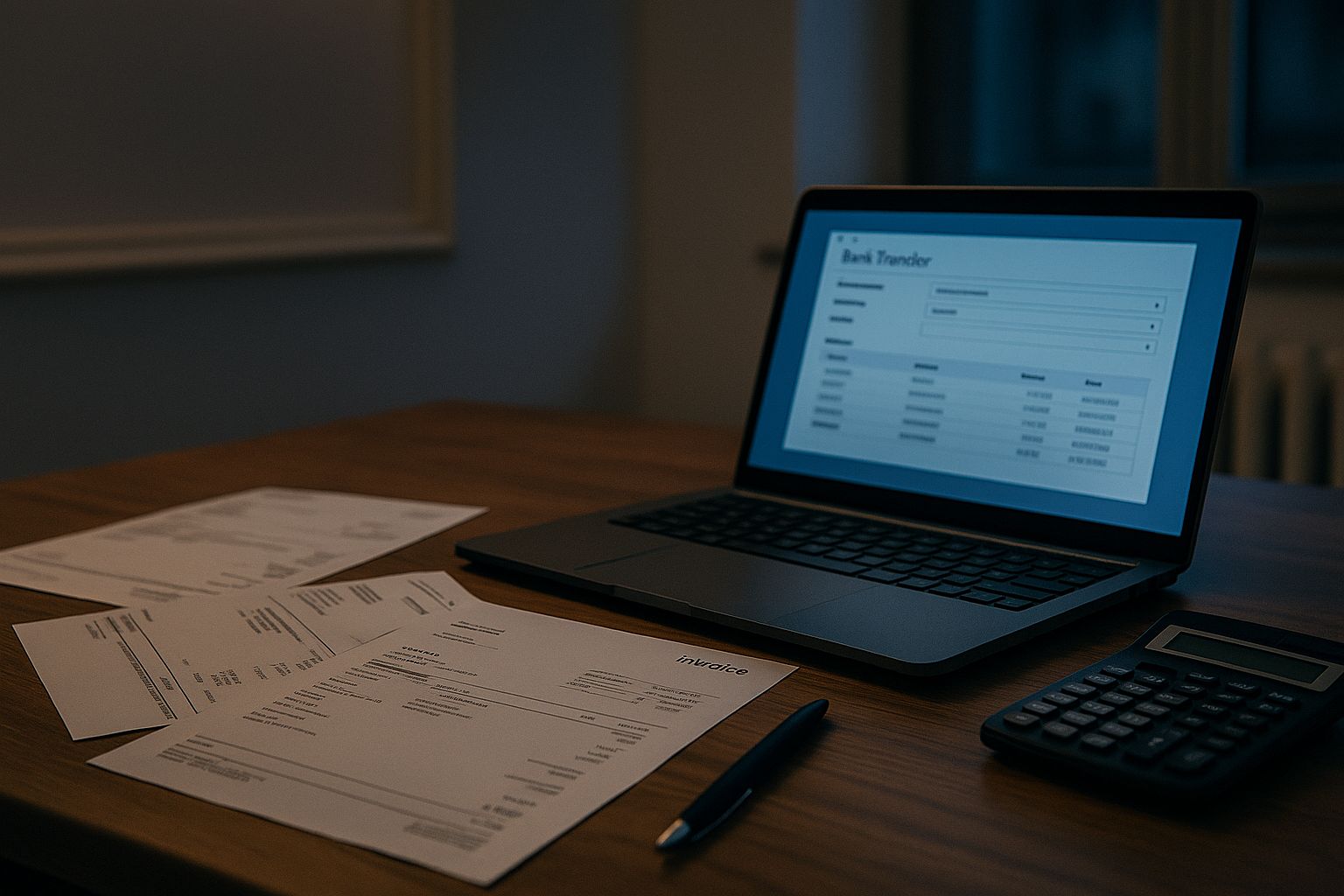 Bureau de comptabilité au sein d’une entreprise : laptop affichant un écran de virement bancaire, factures posées, calculatrice et stylo, ambiance crépuscule, sans présence humaine.