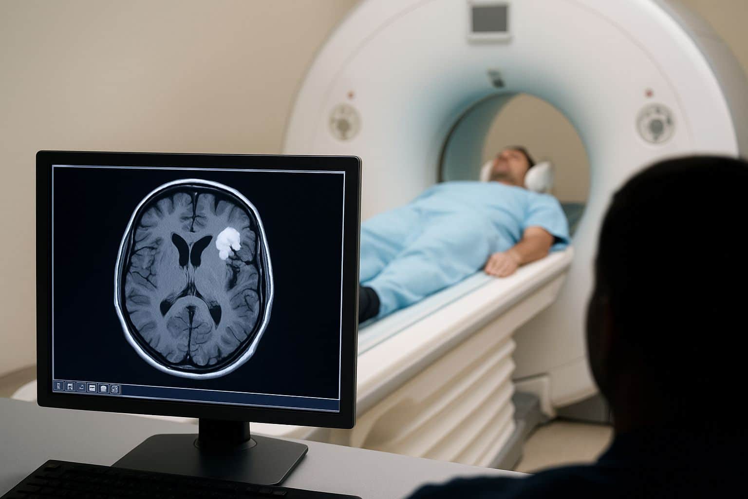IRM cérébrale en salle d’examen, avec un patient et un écran affichant une anomalie évocatrice d’AVC silencieux