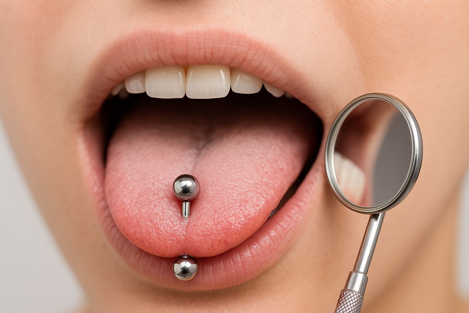 Gros plan réaliste d’une bouche ouverte avec piercing à la langue examinée au miroir dentaire.