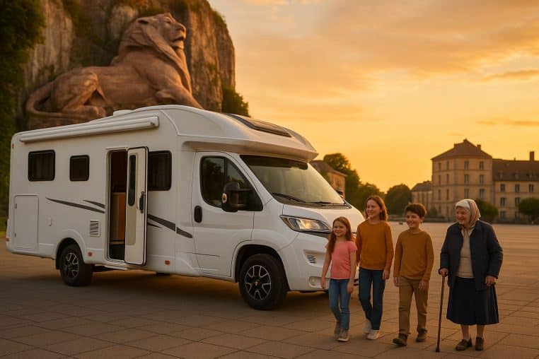 Camping-car familial à Belfort au coucher du soleil, avec le Lion de Bartholdi en arrière-plan et une aînée souriante appuyée sur une canne.