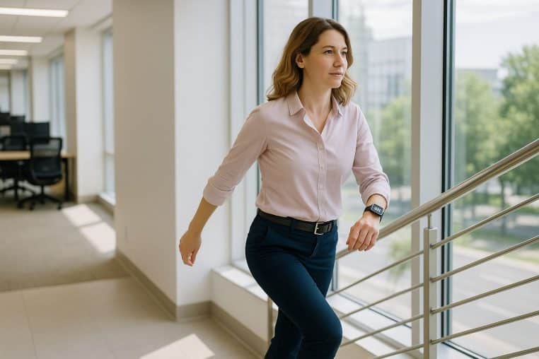 Cadre montant les escaliers au bureau pour sa pause active de 3 minutes, lumière naturelle et montre connectée au poignet