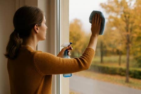 Nettoyage d’une grande baie vitrée à l’automne, microfibre bleue et vaporisateur en main, lumière douce et fond feuillu