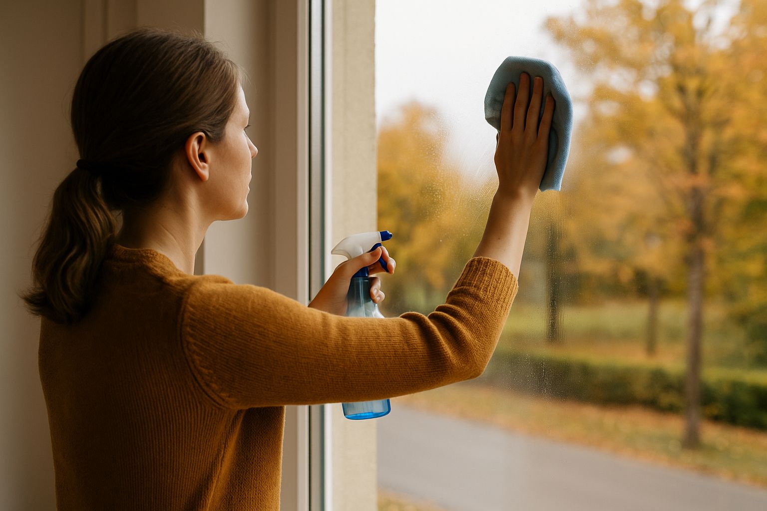 Nettoyage d’une grande baie vitrée à l’automne, microfibre bleue et vaporisateur en main, lumière douce et fond feuillu