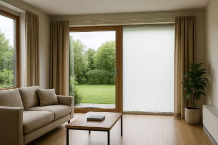 Salon moderne avec vitrage intelligent passant d’un panneau transparent à un panneau opacifié, ambiance chaleureuse