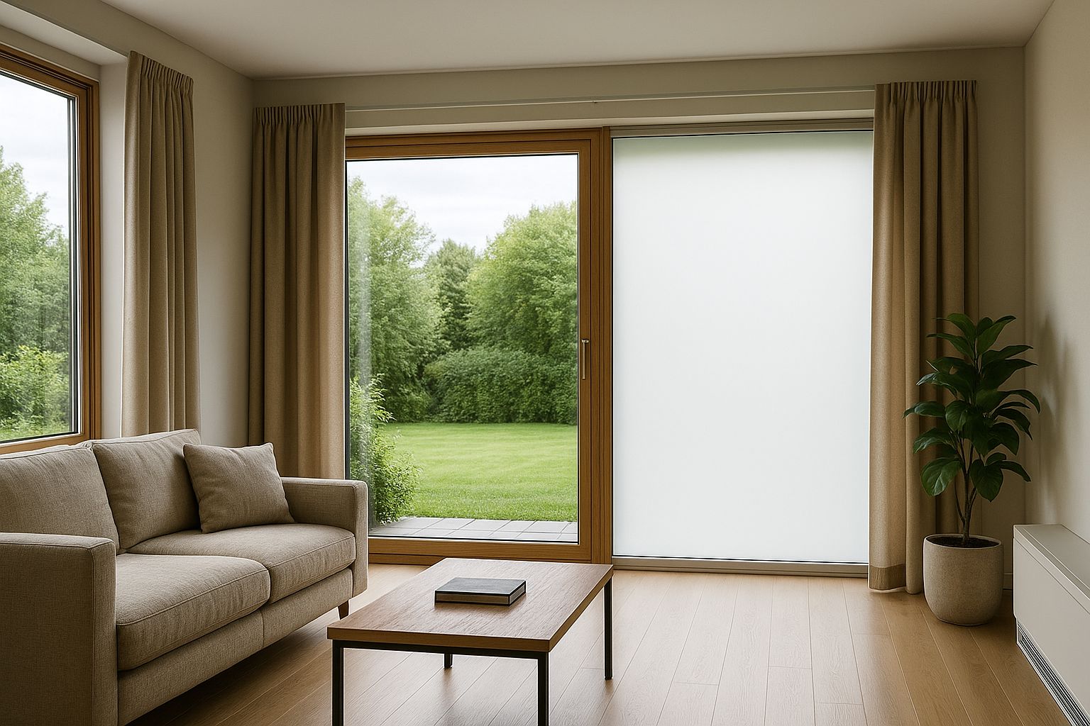 Salon moderne avec vitrage intelligent passant d’un panneau transparent à un panneau opacifié, ambiance chaleureuse