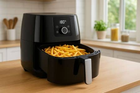 Friteuse à air XXL en cuisine, panier ouvert rempli de frites dorées