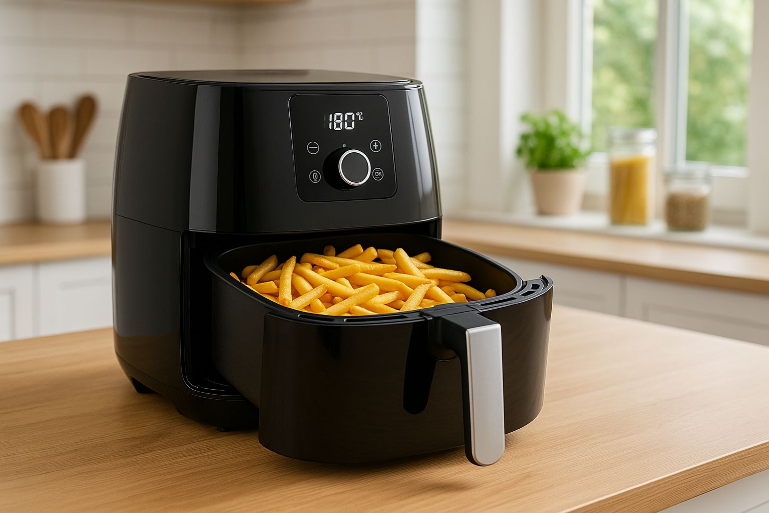 Friteuse à air XXL en cuisine, panier ouvert rempli de frites dorées