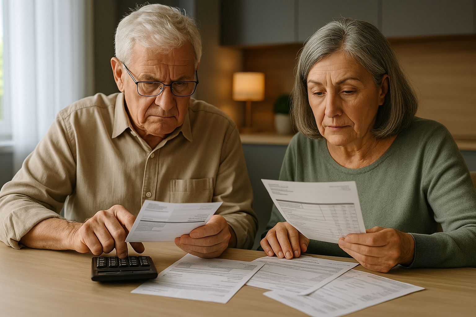 Couple de retraités concentrés sur leurs factures à la maison, calculatrice posée sur la table, lumière de fin d’après-midi.