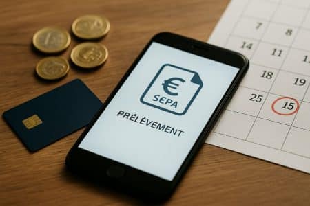 Smartphone affichant un prélèvement bancaire, carte bleue posée à côté, pièces en euros et calendrier avec la date du 15 encerclée, sur un bureau en bois.