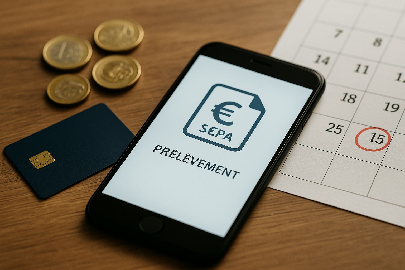 Smartphone affichant un prélèvement bancaire, carte bleue posée à côté, pièces en euros et calendrier avec la date du 15 encerclée, sur un bureau en bois.