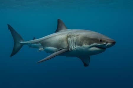 Grand requin blanc nageant en pleine eau, vu de profil, dans une lumière bleutée naturelle.