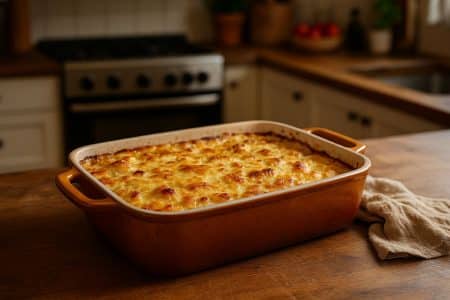 Gratin doré sortant du four dans un plat en céramique posé sur un comptoir de cuisine familiale.