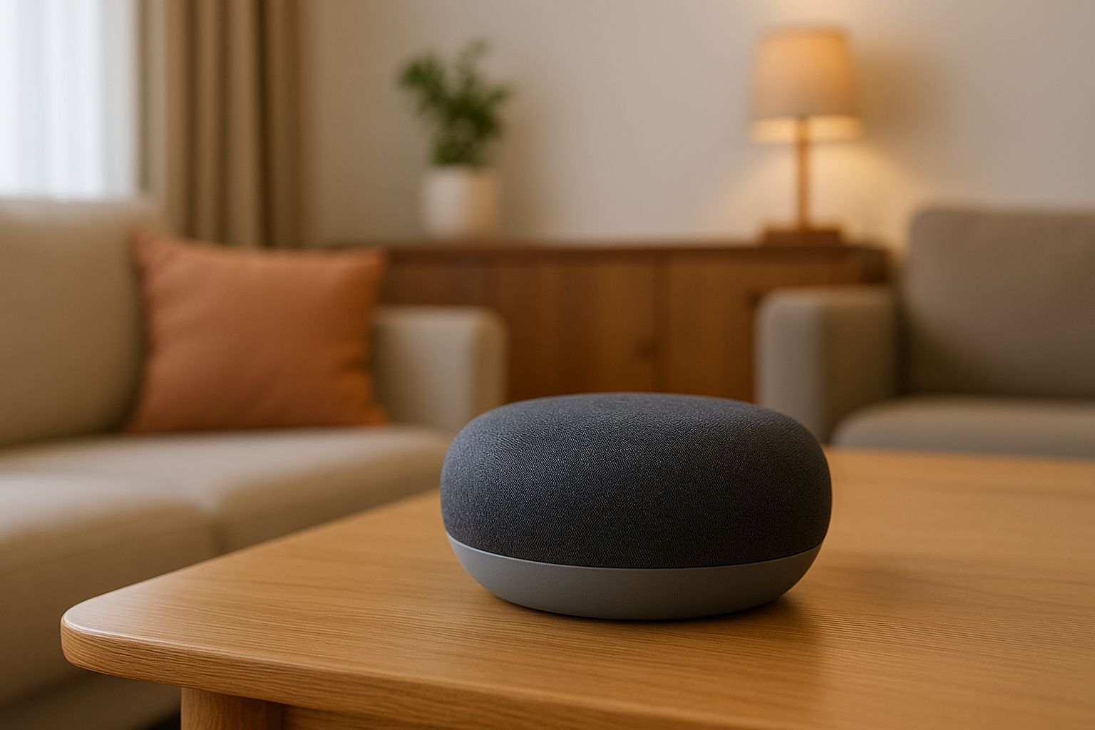 Enceinte connectée posée sur une table basse dans un salon lumineux, prête à piloter la maison à la voix.