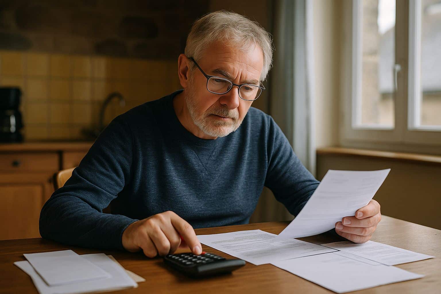 Retraité calculant un trop-perçu de pension sur des documents à la maison