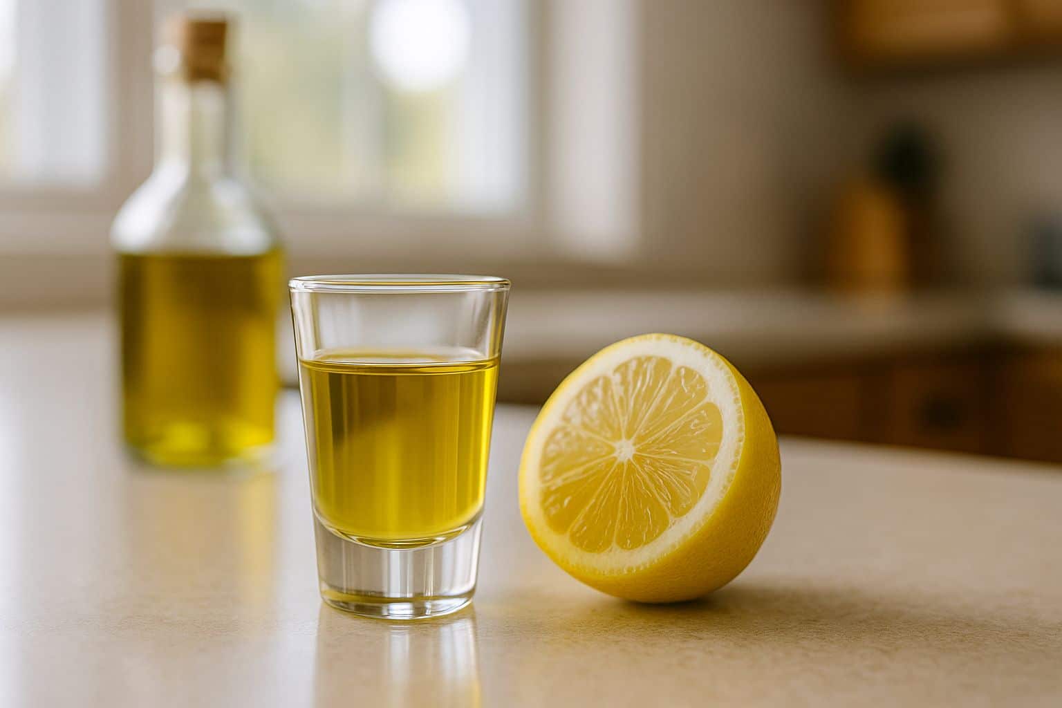 Verre doseur d’huile d’olive et demi-citron sur un plan de cuisine baigné de lumière matinale