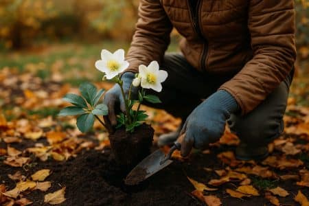 Plantation d’hellébores en octobre dans un jardin d’automne, sol sombre et feuilles mortes.