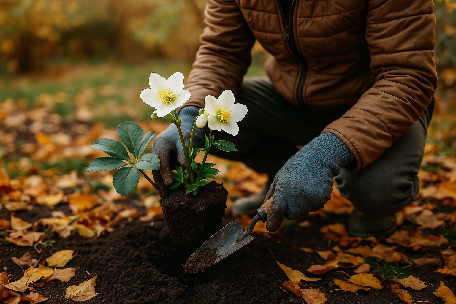 Plantation d’hellébores en octobre dans un jardin d’automne, sol sombre et feuilles mortes.
