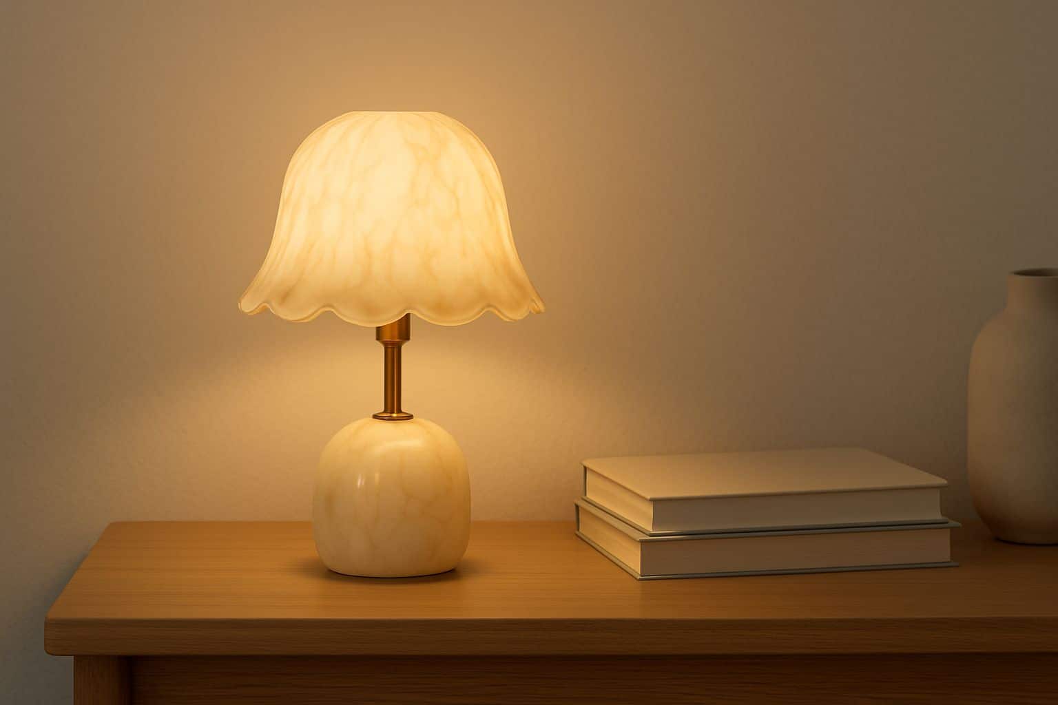 Lampe de table en verre crème marbré au bord festonné, posée sur une console en chêne clair avec trois livres, diffusant une lumière chaleureuse sur un mur écru.