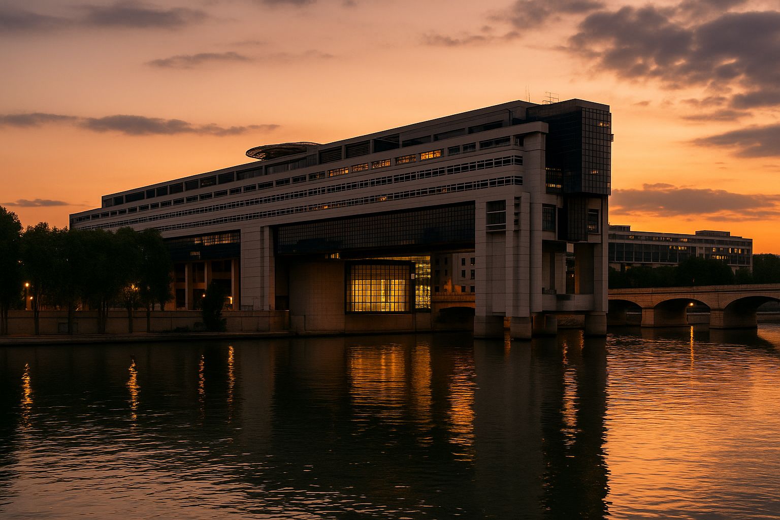 Bercy au crépuscule, reflet doré sur la Seine devant le ministère de l’Économie et des Finances.