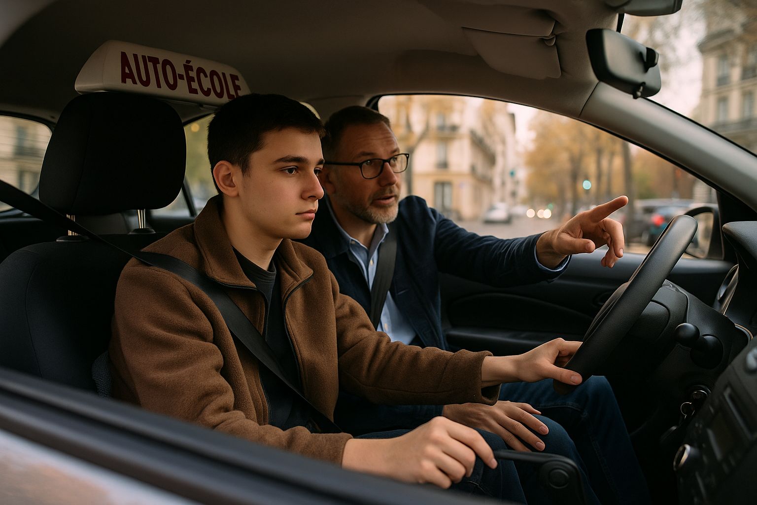 Élève en conduite accompagnée avec un moniteur indiquant la direction, intérieur d’une citadine en ville, ambiance d’automne.