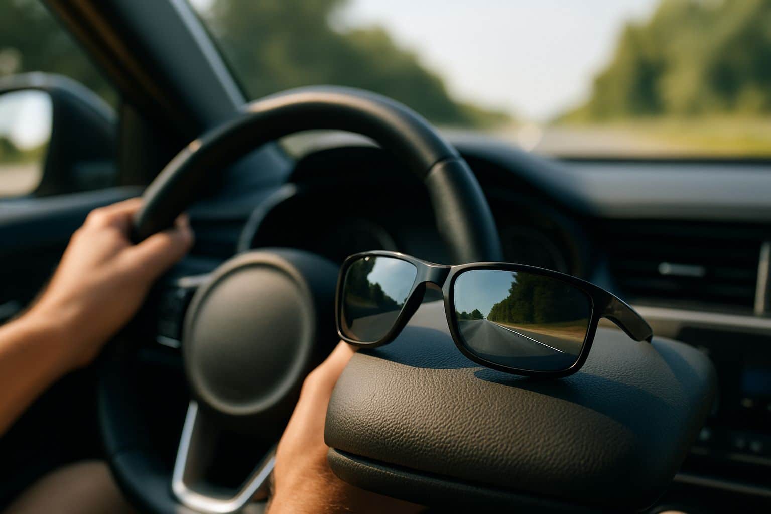 Reflets de la route dans des lunettes de soleil posées sur le tableau de bord, mains au volant en plein jour.