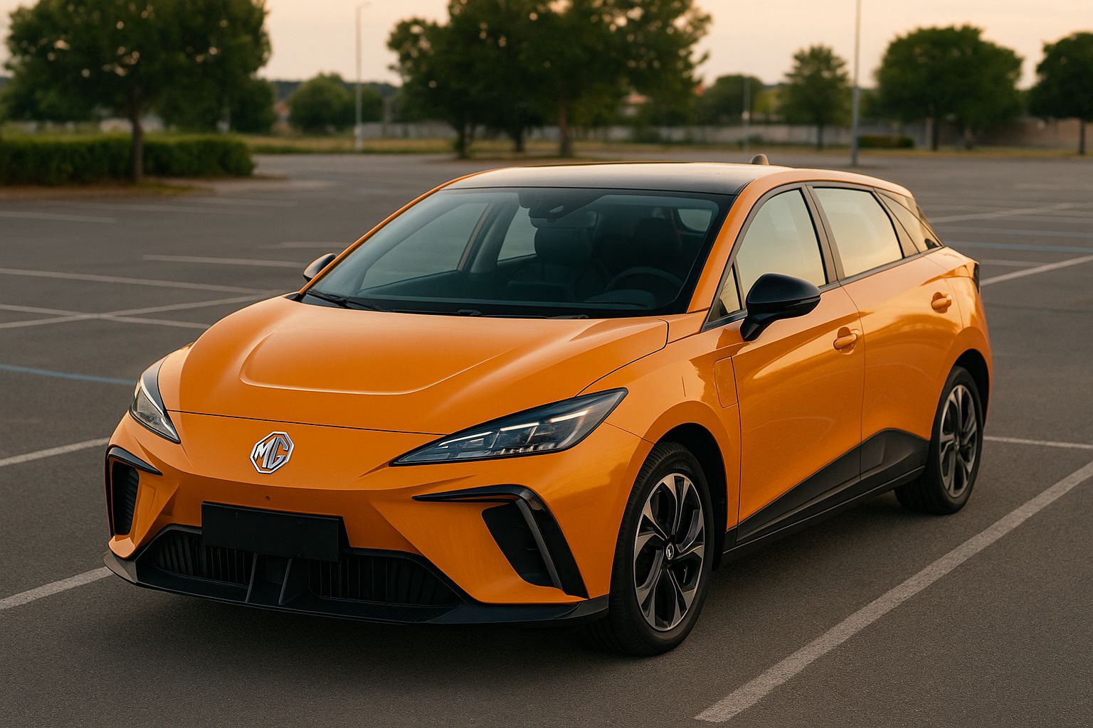 MG4 électrique orange immobilisée sur un parking au crépuscule, vue trois-quarts avant, intérieur visible à travers le pare-brise