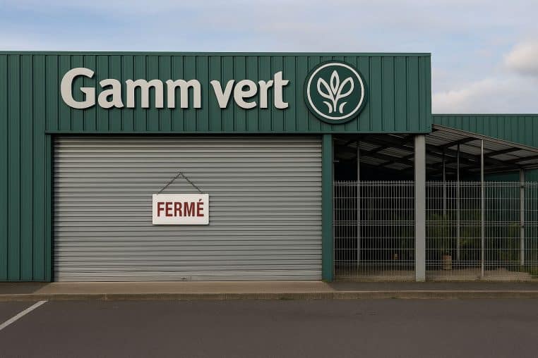 Façade d’une grande jardinerie française fermée, rideau métallique baissé et parking désert.