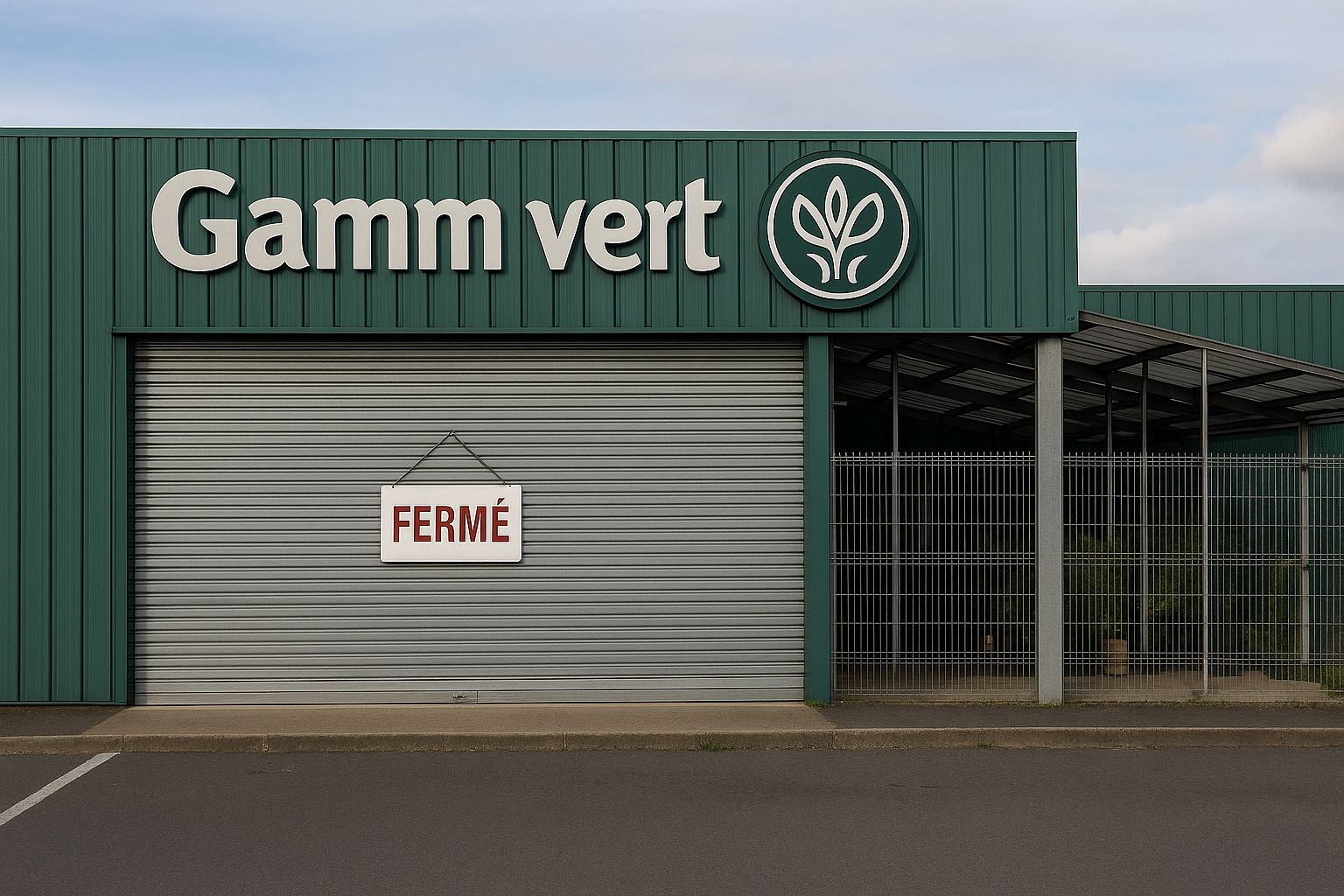 Façade d’une grande jardinerie française fermée, rideau métallique baissé et parking désert.