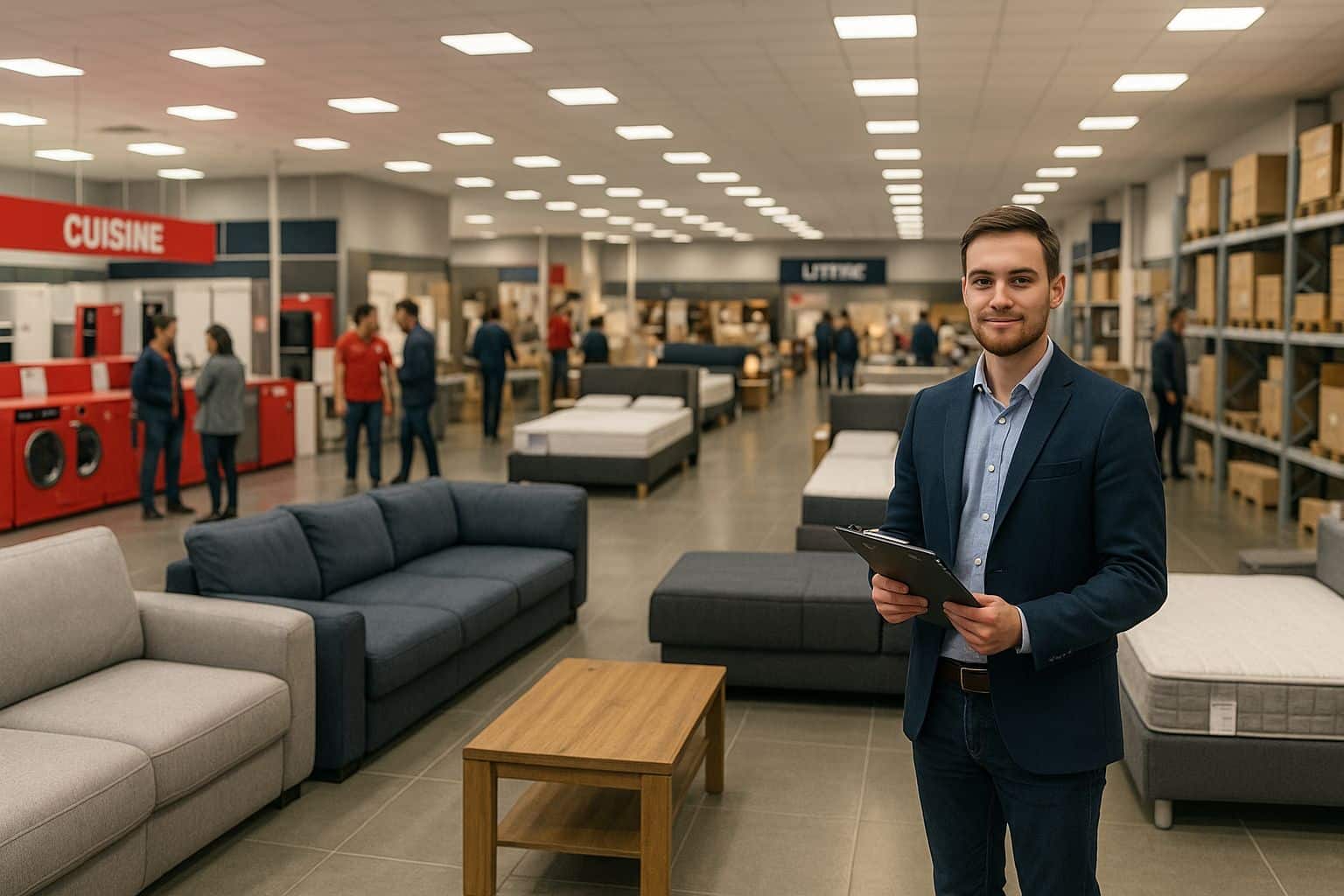 Jeune responsable en premier plan dans un magasin d’ameublement : canapés, lit d’exposition et étagères, ambiance retail animée.