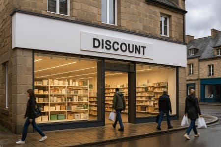 Façade d’un magasin discount moderne en centre-ville de Bretagne, vitrine éclairée, passants avec sacs sous un ciel nuageux.