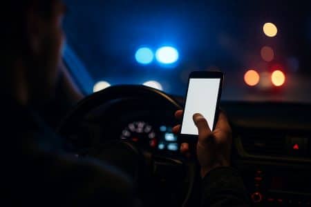 Main tenant un smartphone allumé au-dessus du volant dans un habitacle de nuit, gyrophares bleus flous à l’extérieur.