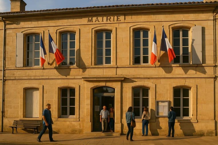 Mairie en pierre au soleil couchant avec drapeaux tricolores et habitants sortant du bâtiment, évoquant la taxe foncière décidée localement.