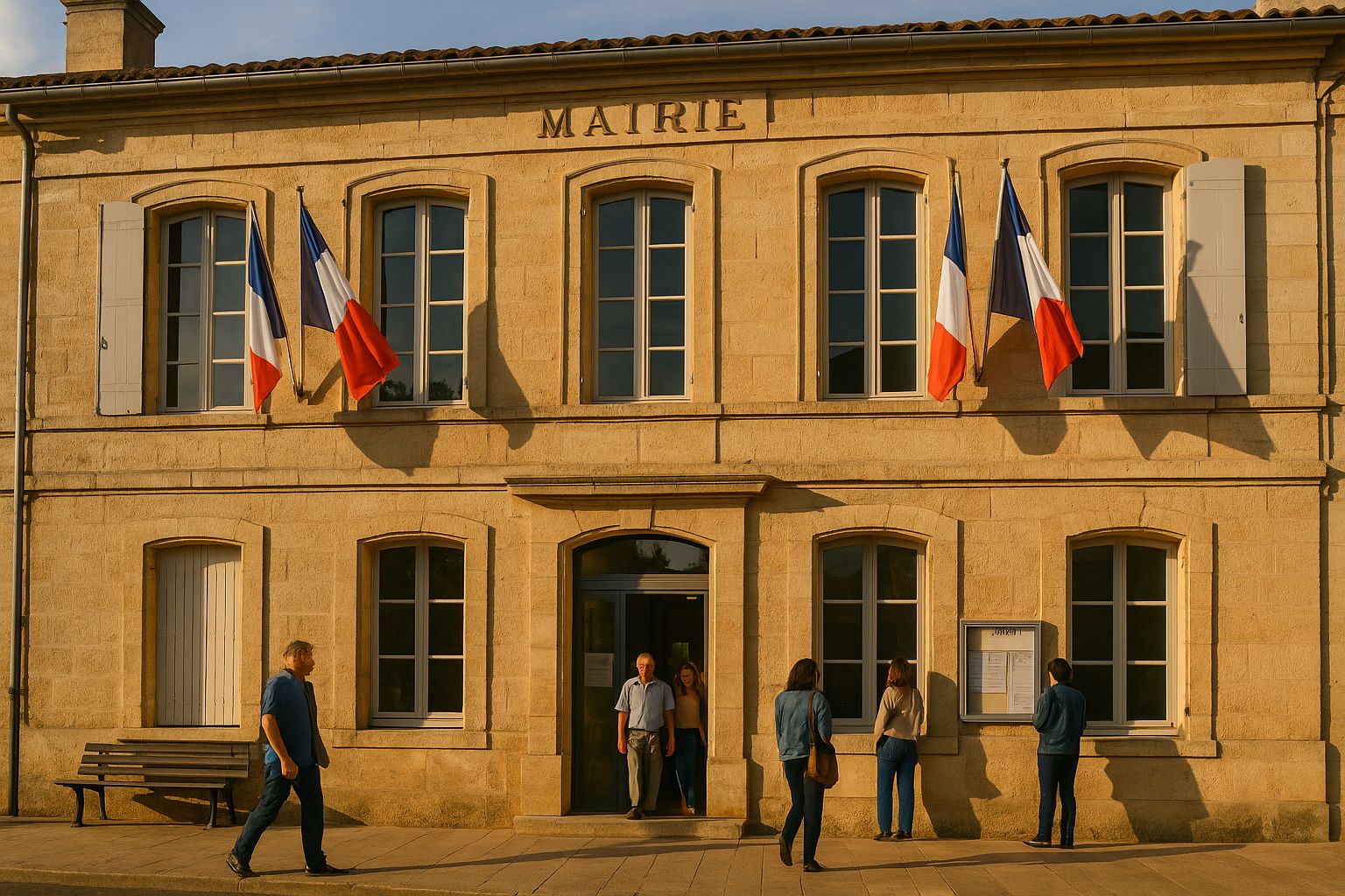 Mairie en pierre au soleil couchant avec drapeaux tricolores et habitants sortant du bâtiment, évoquant la taxe foncière décidée localement.