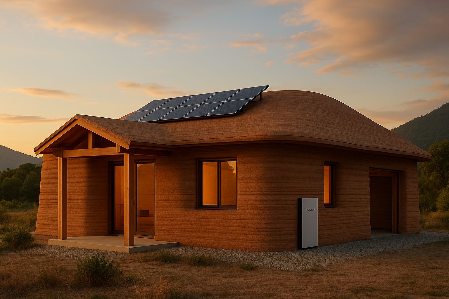 Maison japonaise imprimée en 3D en terre crue, toit équipé de panneaux solaires et Powerwall visible sur la façade, au coucher du soleil dans un paysage boisé.